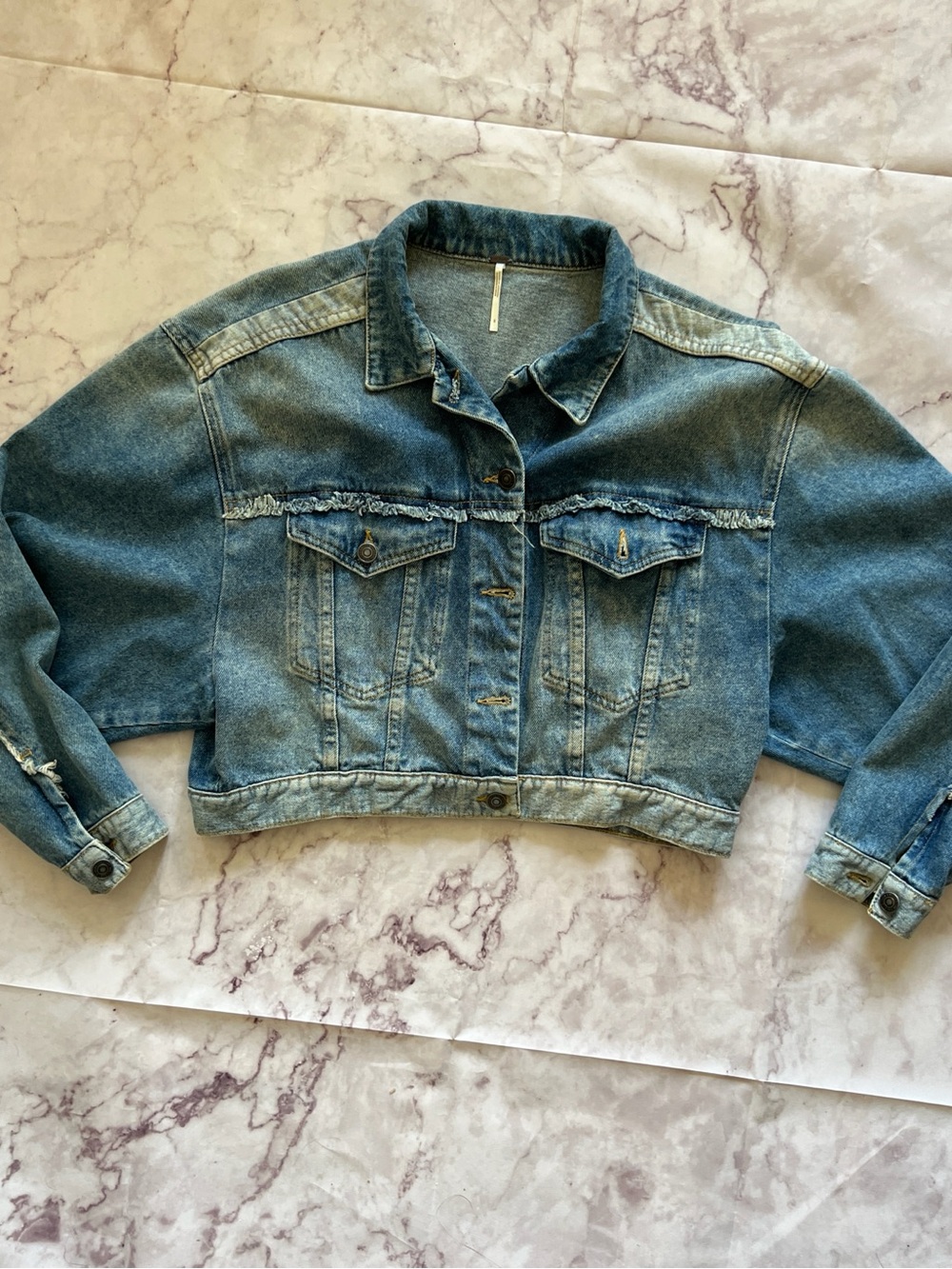 Free People Bedford Cropped Denim Jacket Distressed Oversized Blue S